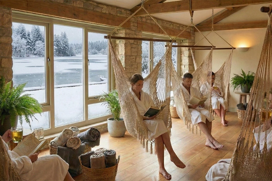 Men and women in white robes sit in a room filled with hammocks and plants, while snow falls outside the windows.