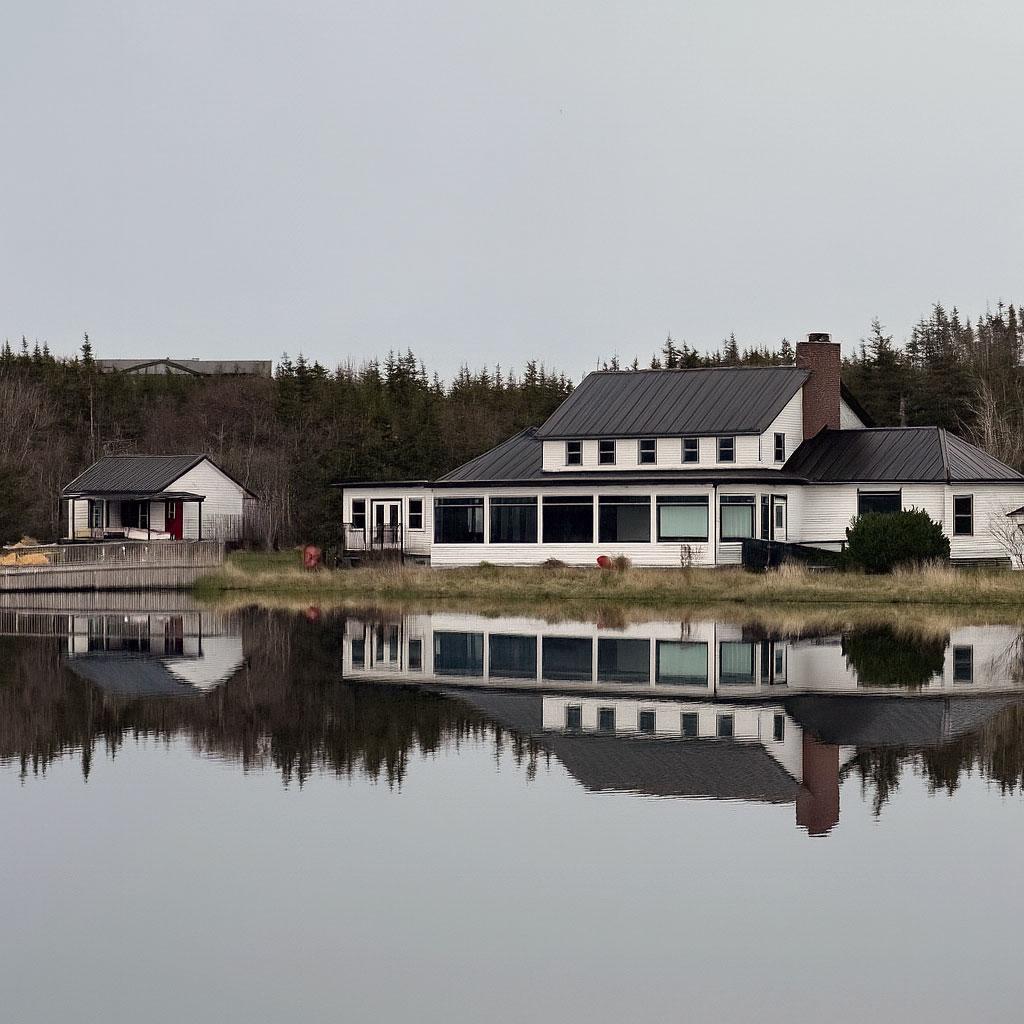 A white building with lot of windows and a black roof next to a mirror calm body of water under a grey sky with a forest in the background.